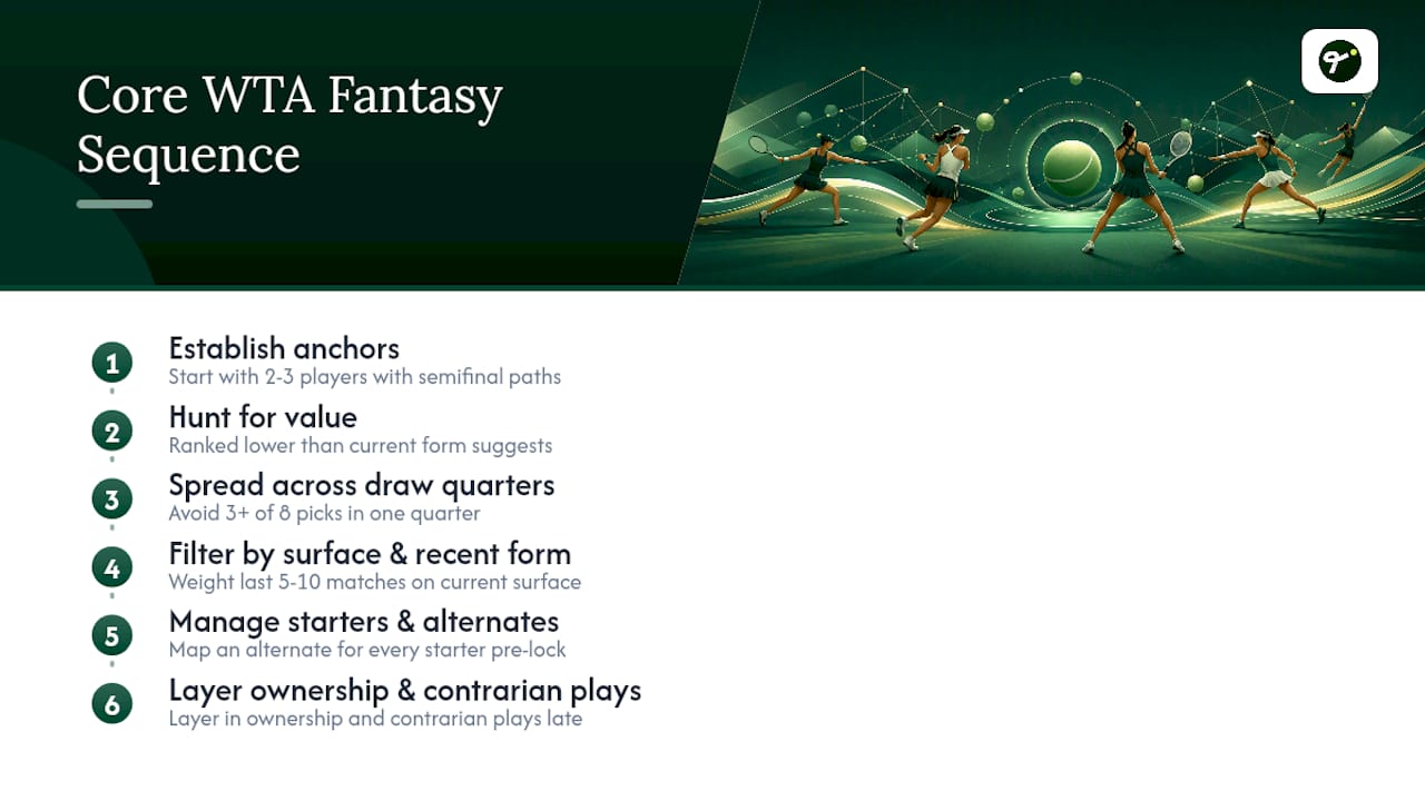 Diagram of six core WTA fantasy drafting strategies
