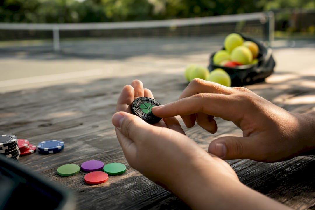 Hands holding power-up token near tennis court