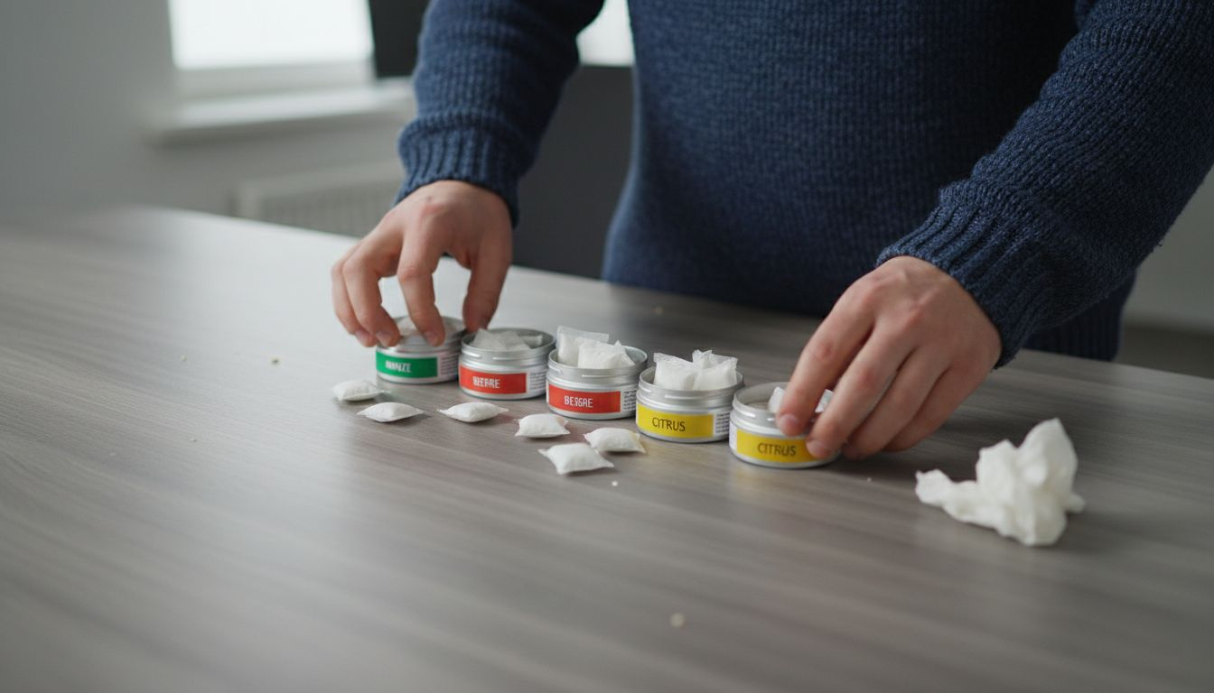 Auf dem Tisch liegen mehrere geöffnete Snus-Dosen verteilt.