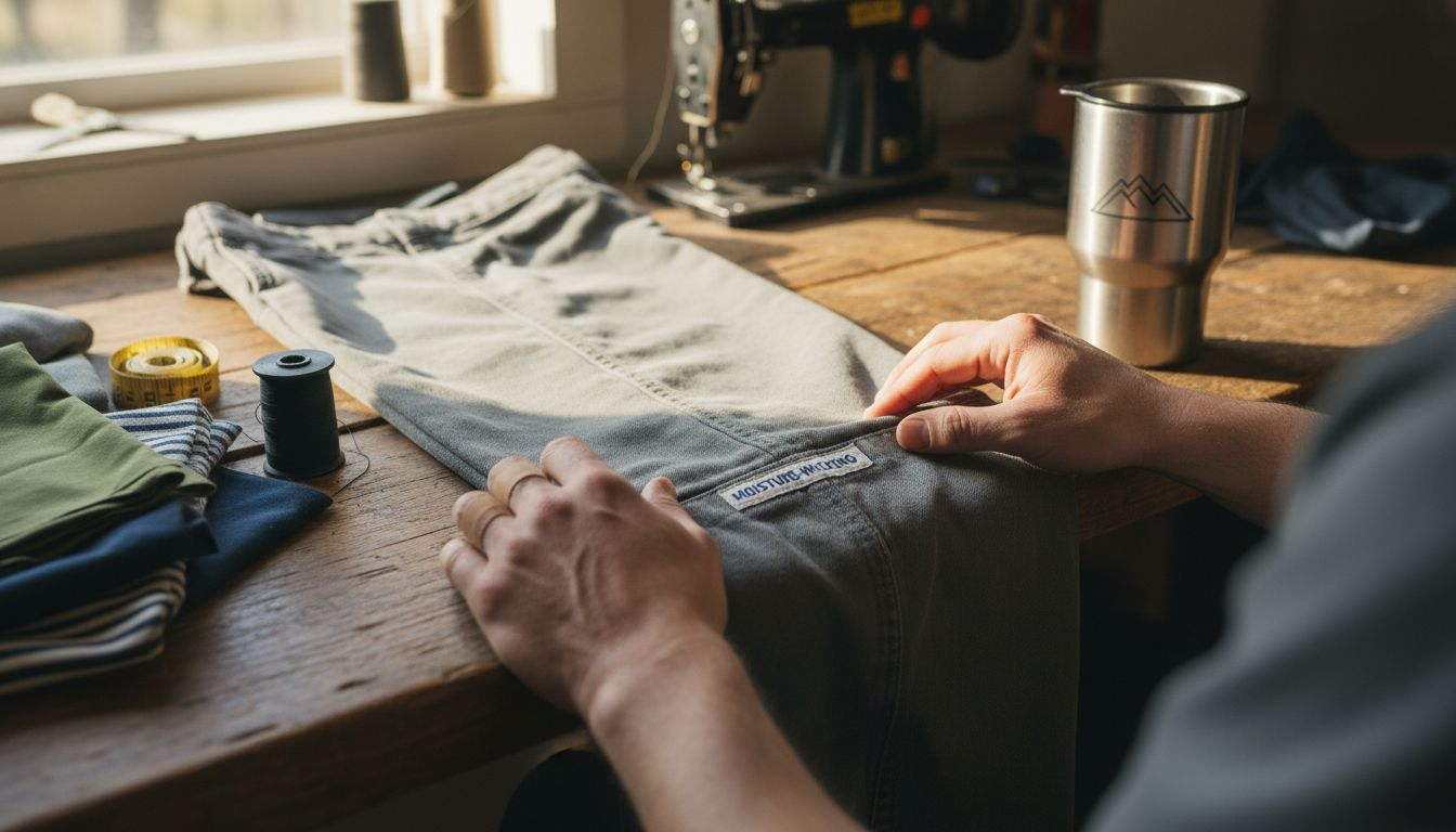 Hands inspecting durable streetwear construction