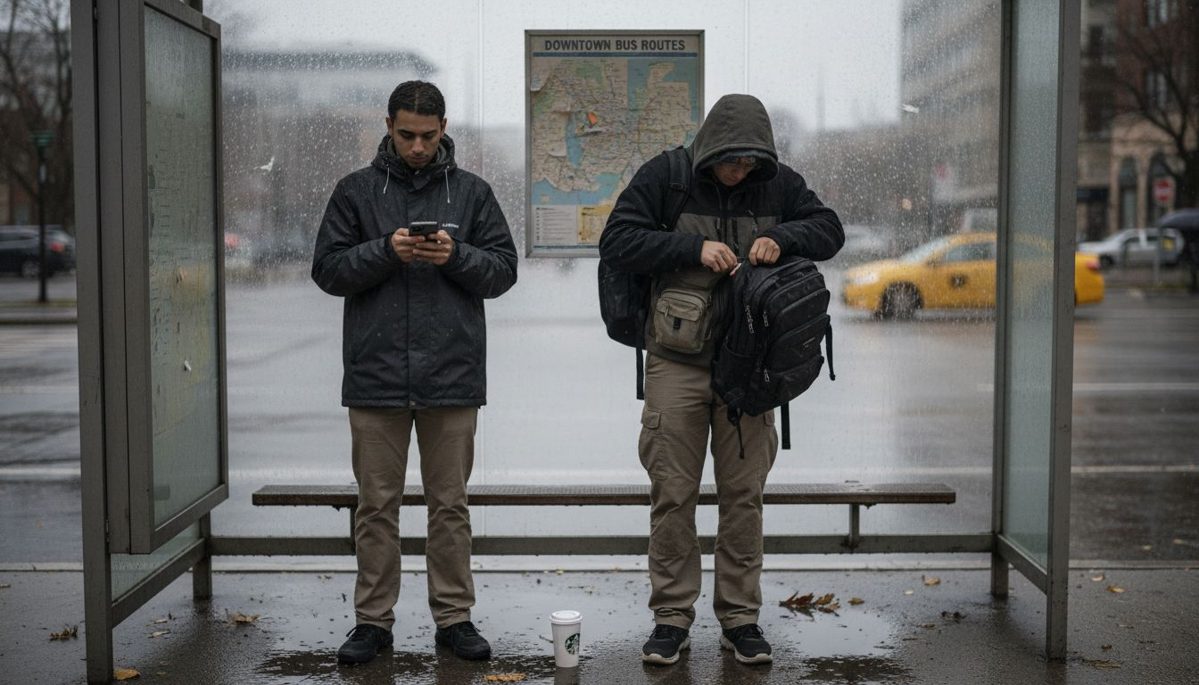 Urban youth in practical streetwear at bus stop