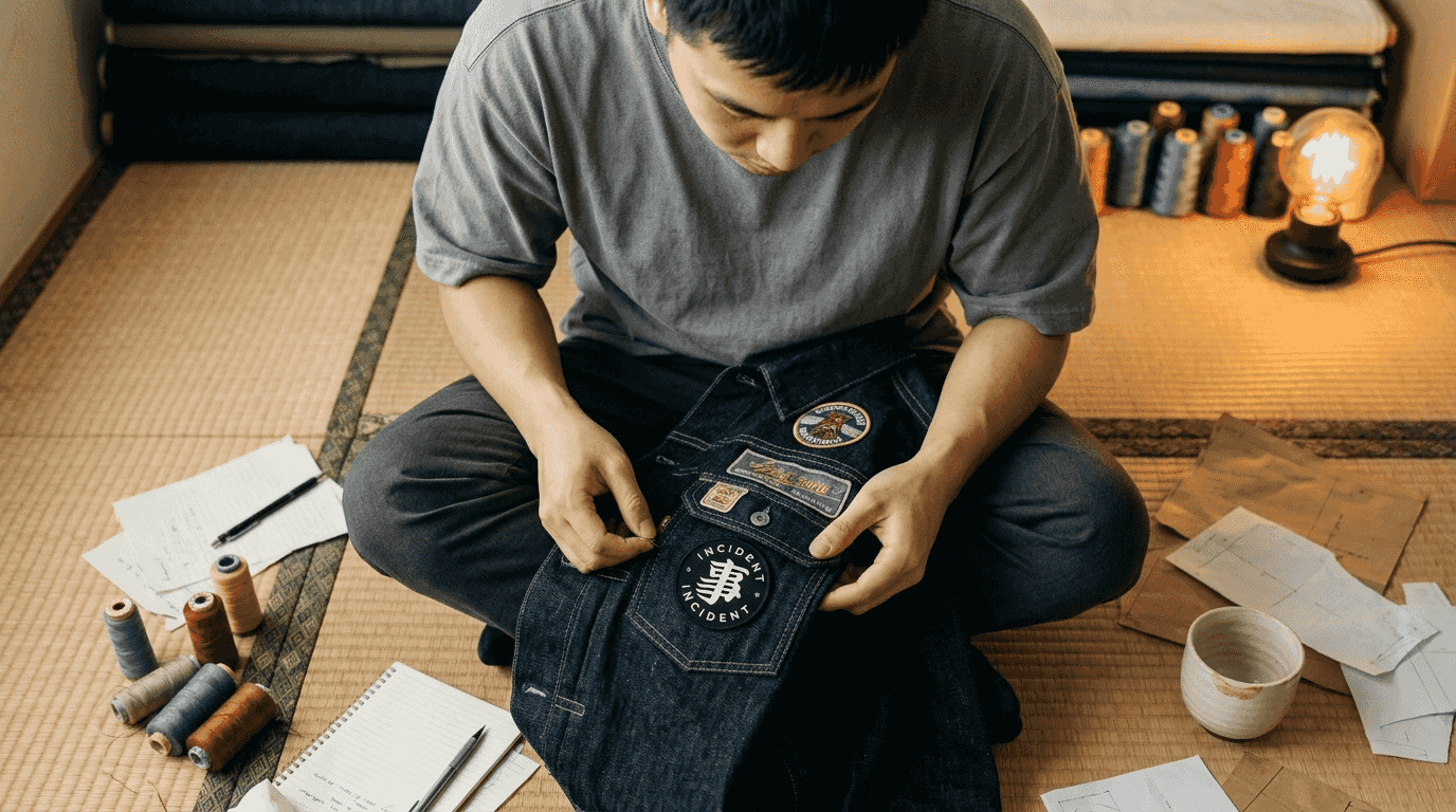 Streetwear designer inspects denim jacket details