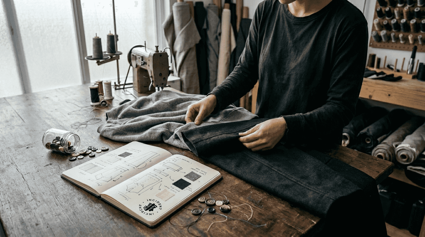 Designer examining luxe Japanese streetwear fabrics