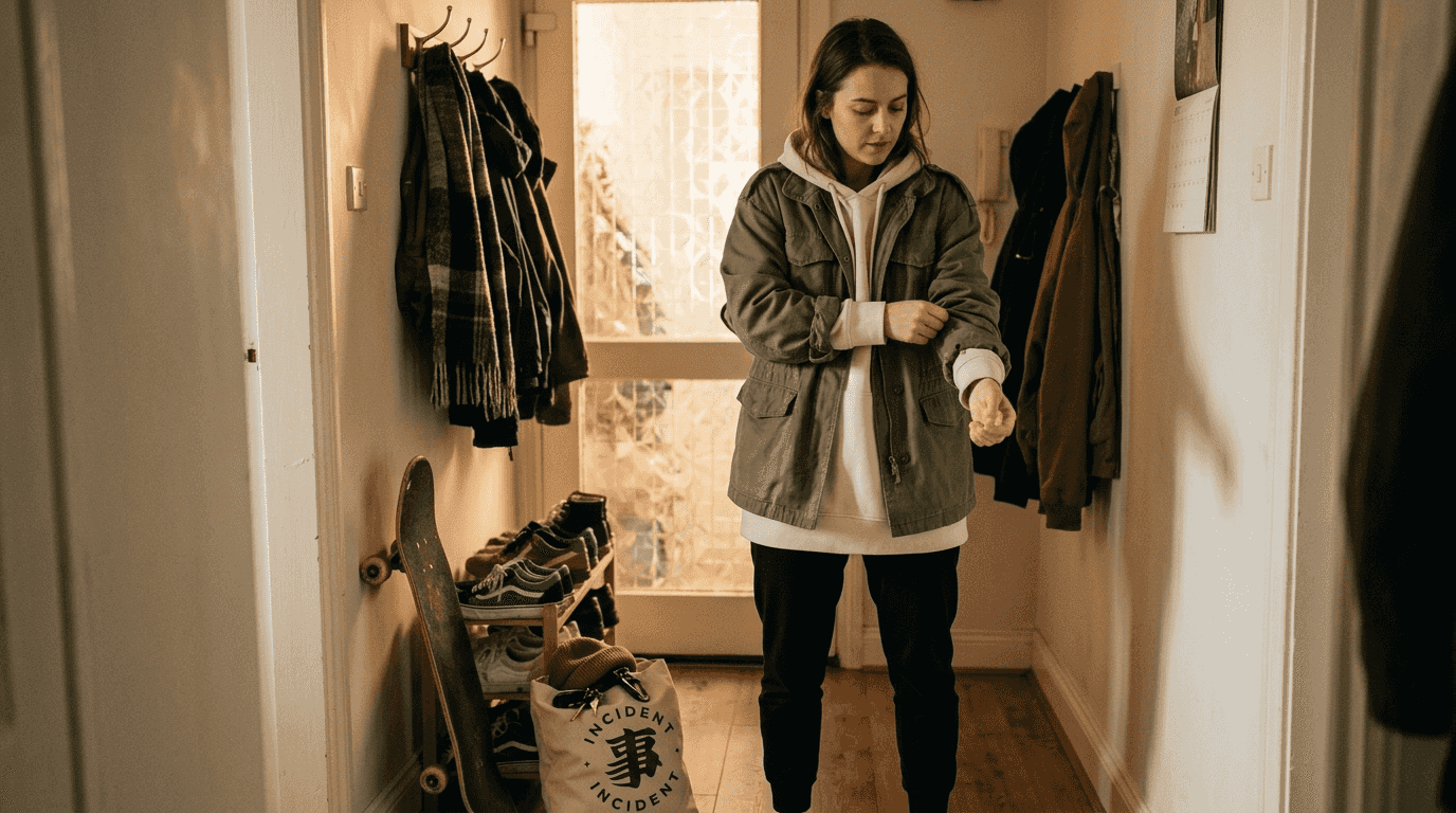 Woman layering streetwear in cluttered apartment hallway