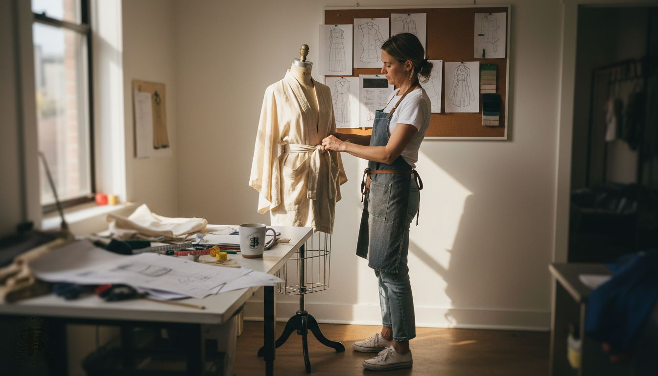 Designer adjusting kimono-inspired garment
