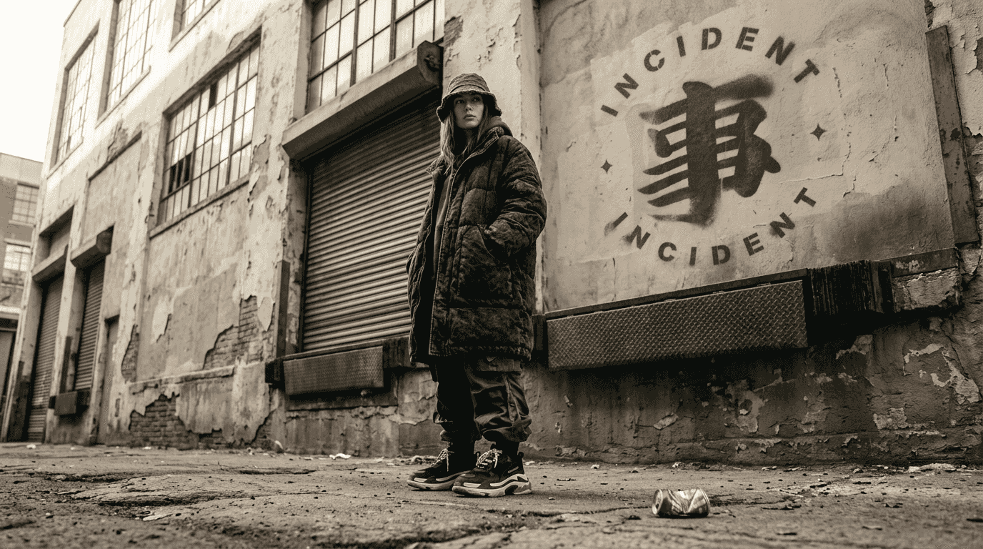 Model posing in streetwear with low camera angle