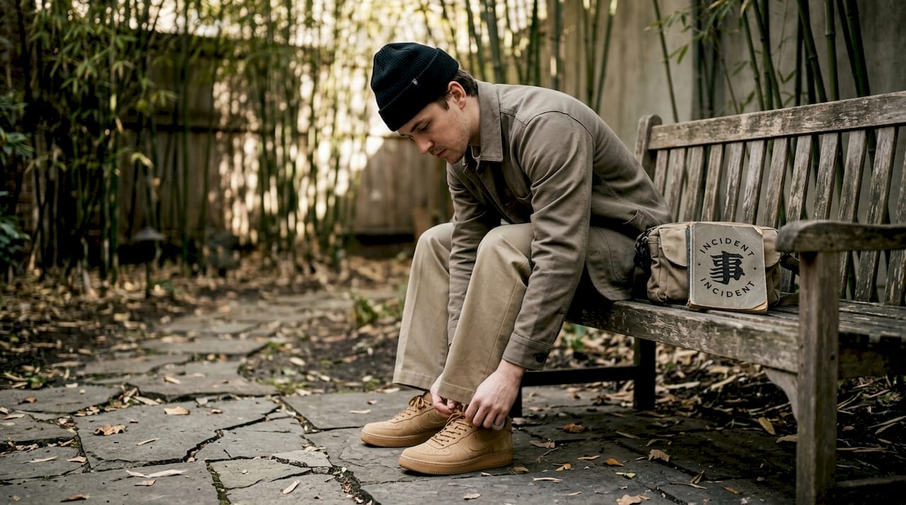 Man in minimalist Japanese streetwear outdoors
