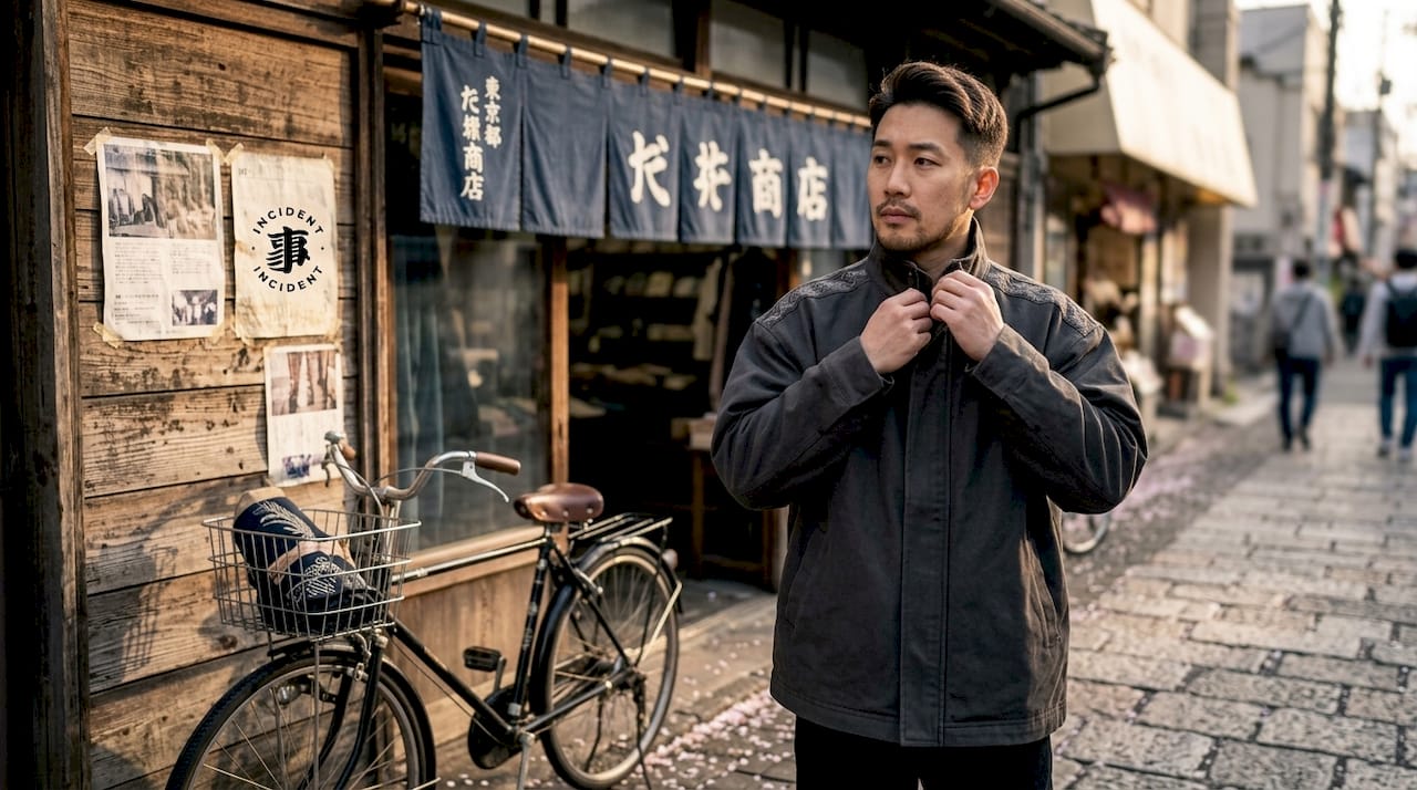 Model outside Tokyo shop in minimalist streetwear