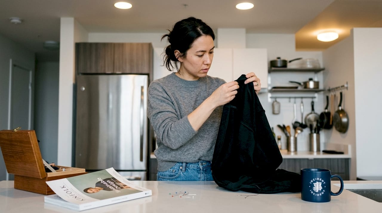 Woman inspecting garment seam quality