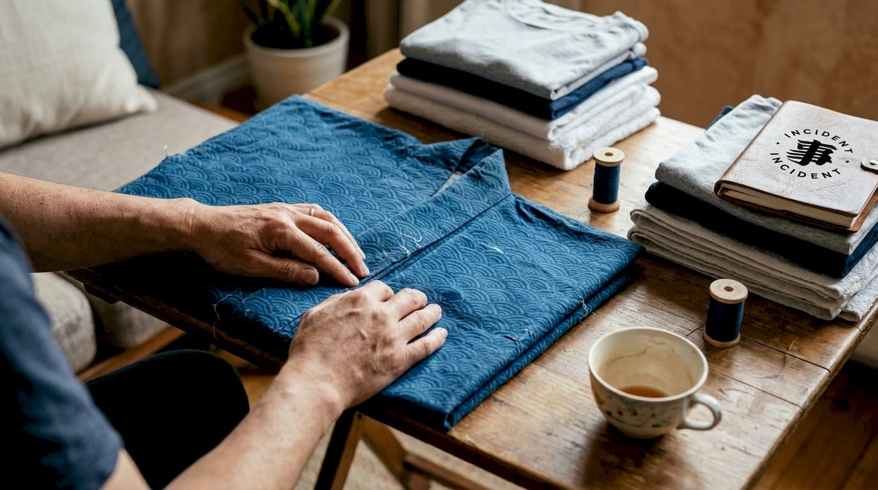 Hands folding seigaiha ocean wave kimono