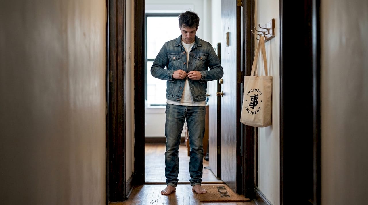 Man buttoning Japanese denim jacket in apartment