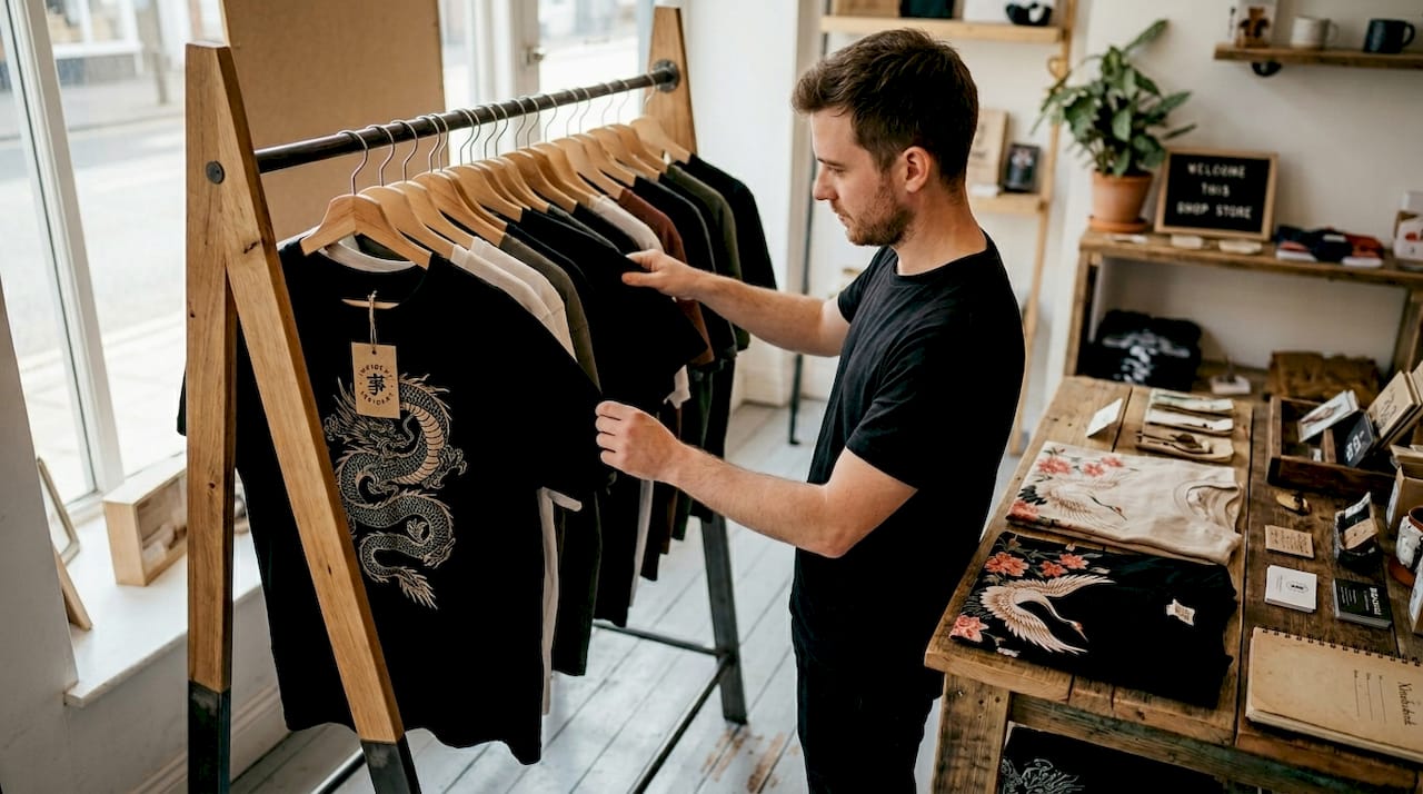 Man browsing dragon print t-shirt boutique