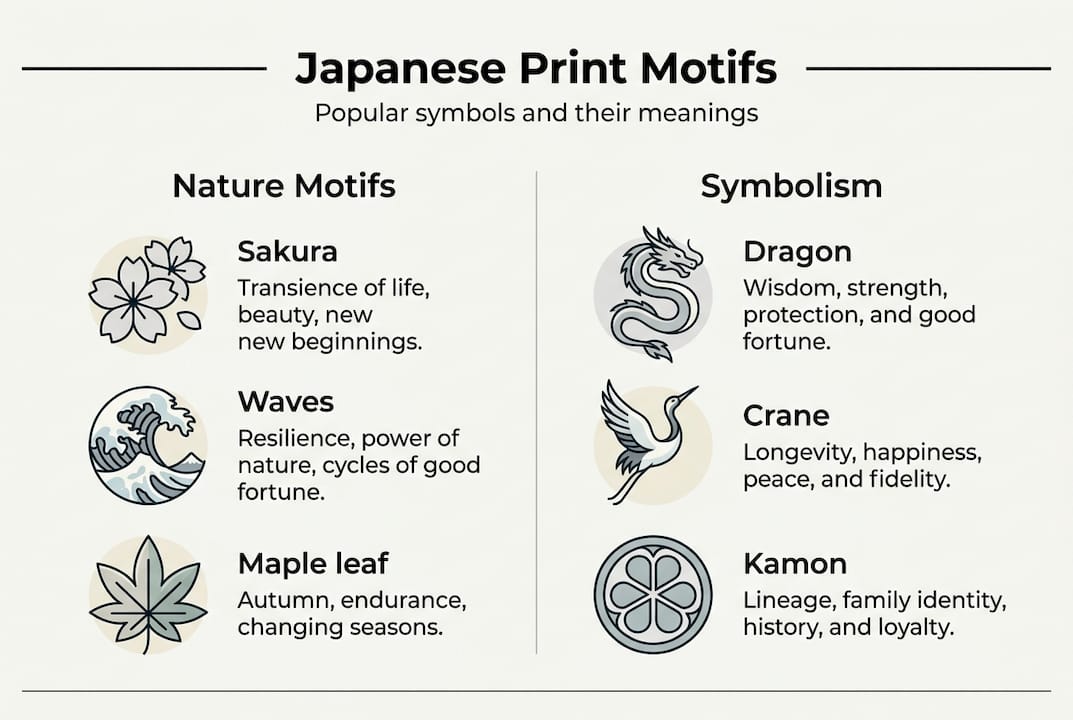 Infographic showing Japanese print motifs and meanings