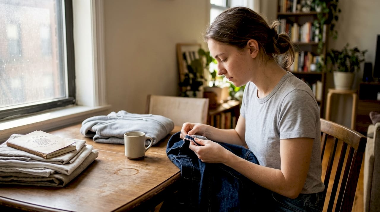 Woman examining selvedge denim jacket at home
