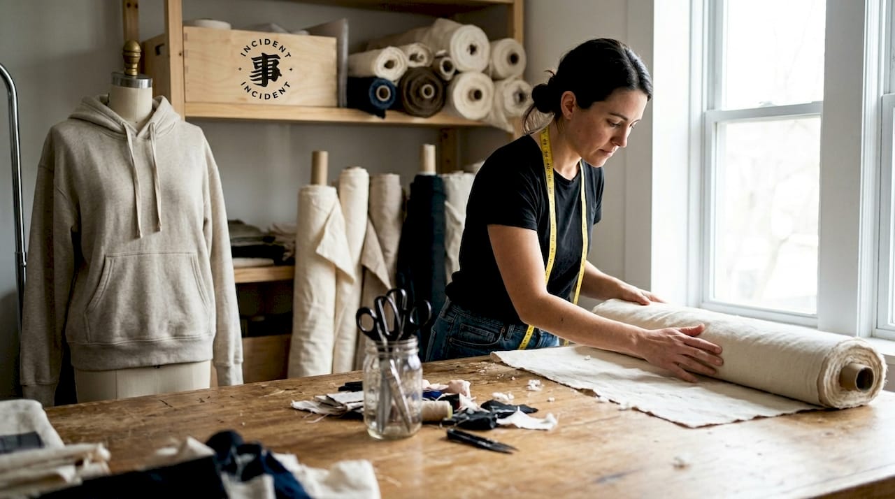 Worker examining organic cotton for streetwear