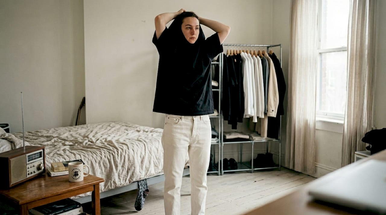 Minimalist outfit details in small apartment
