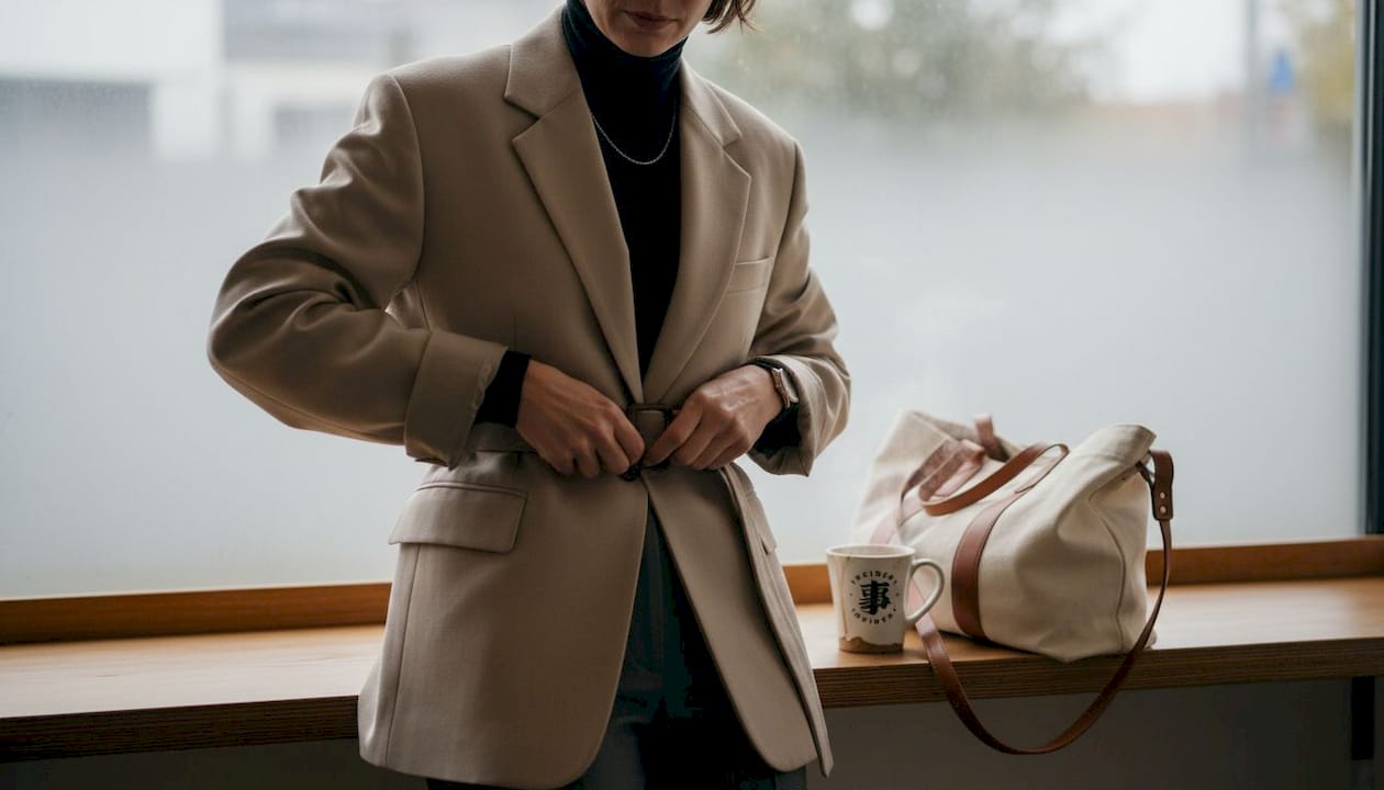 Woman adjusts layered minimalist streetwear jacket