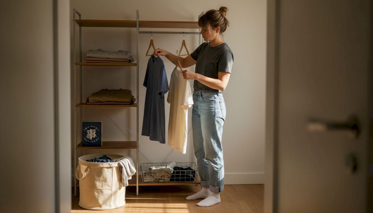 Woman choosing between two quality Japanese t-shirts