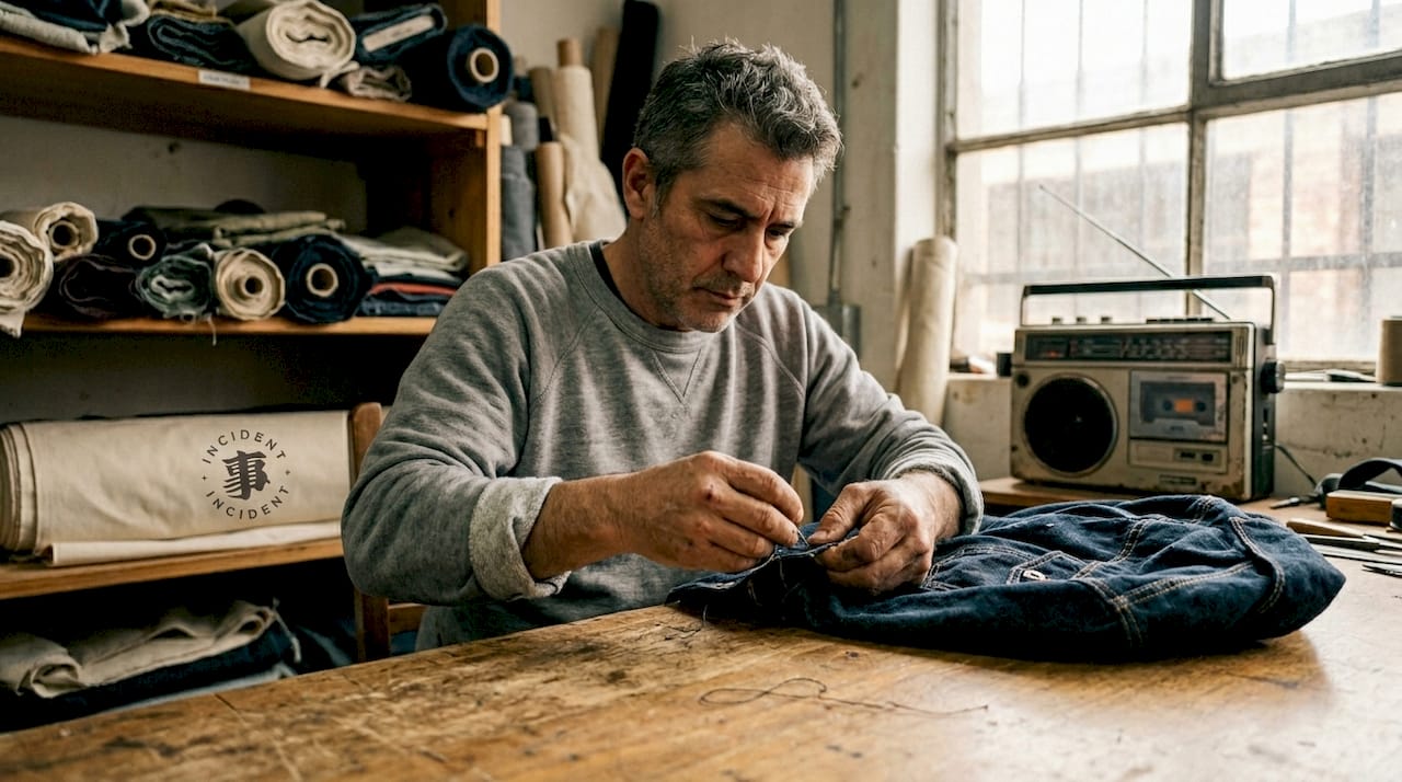 Artisan hand-stitching streetwear garment detail