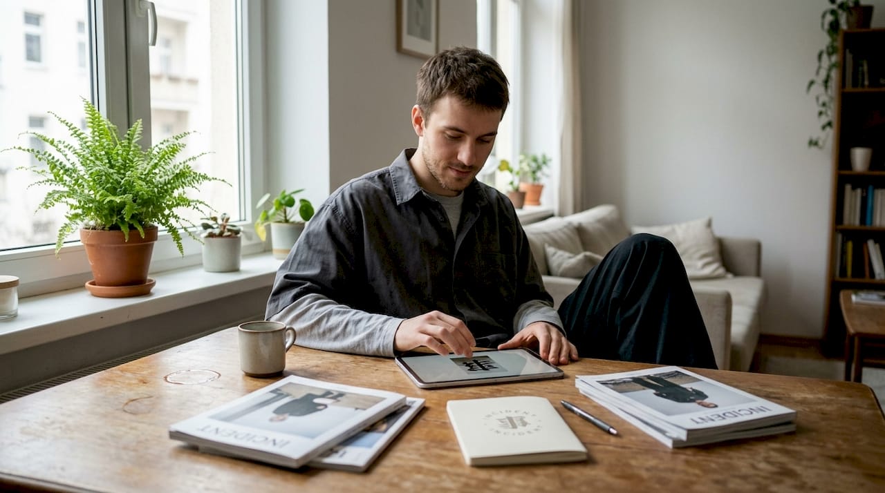 Minimalist Japanese streetwear layering at home