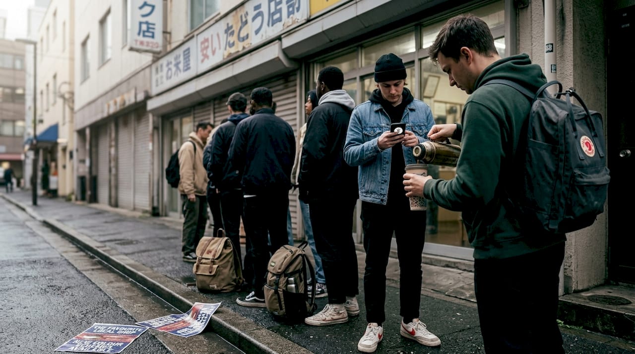 Streetwear fans queuing outside Japanese store