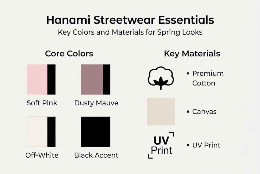 Infographic of core hanami streetwear colors and materials
