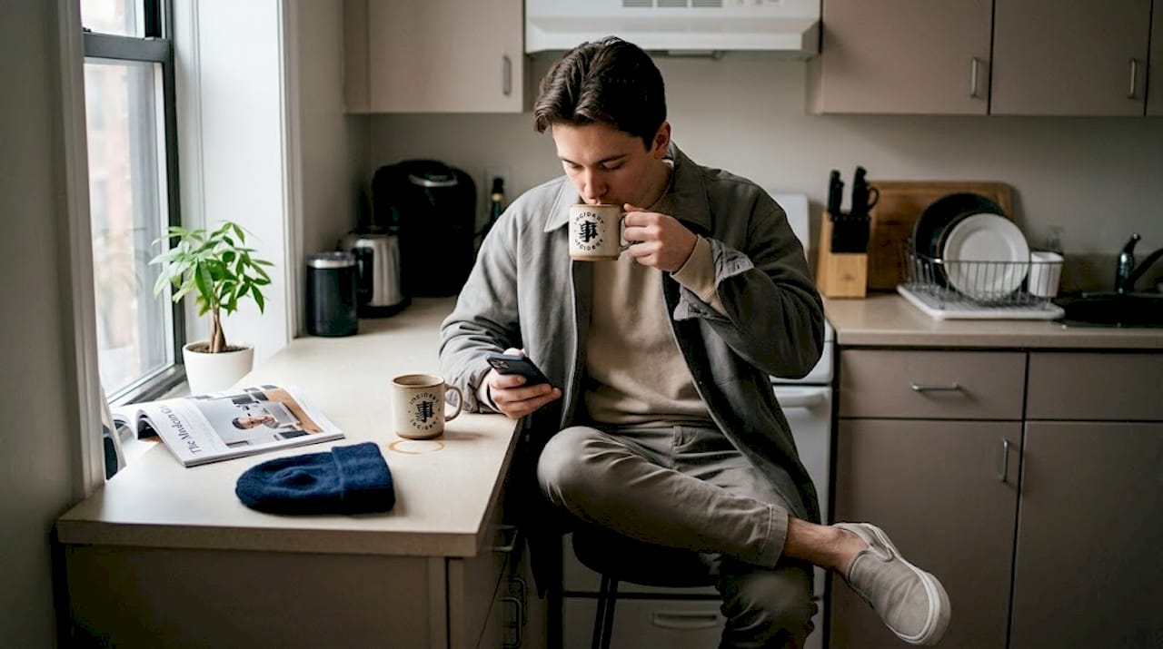 Man layering neutral streetwear outerwear in kitchen