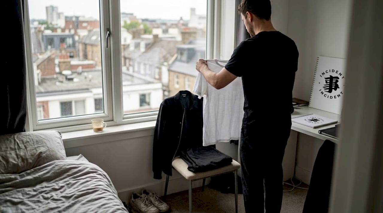 Man arranging minimalist clothes in apartment