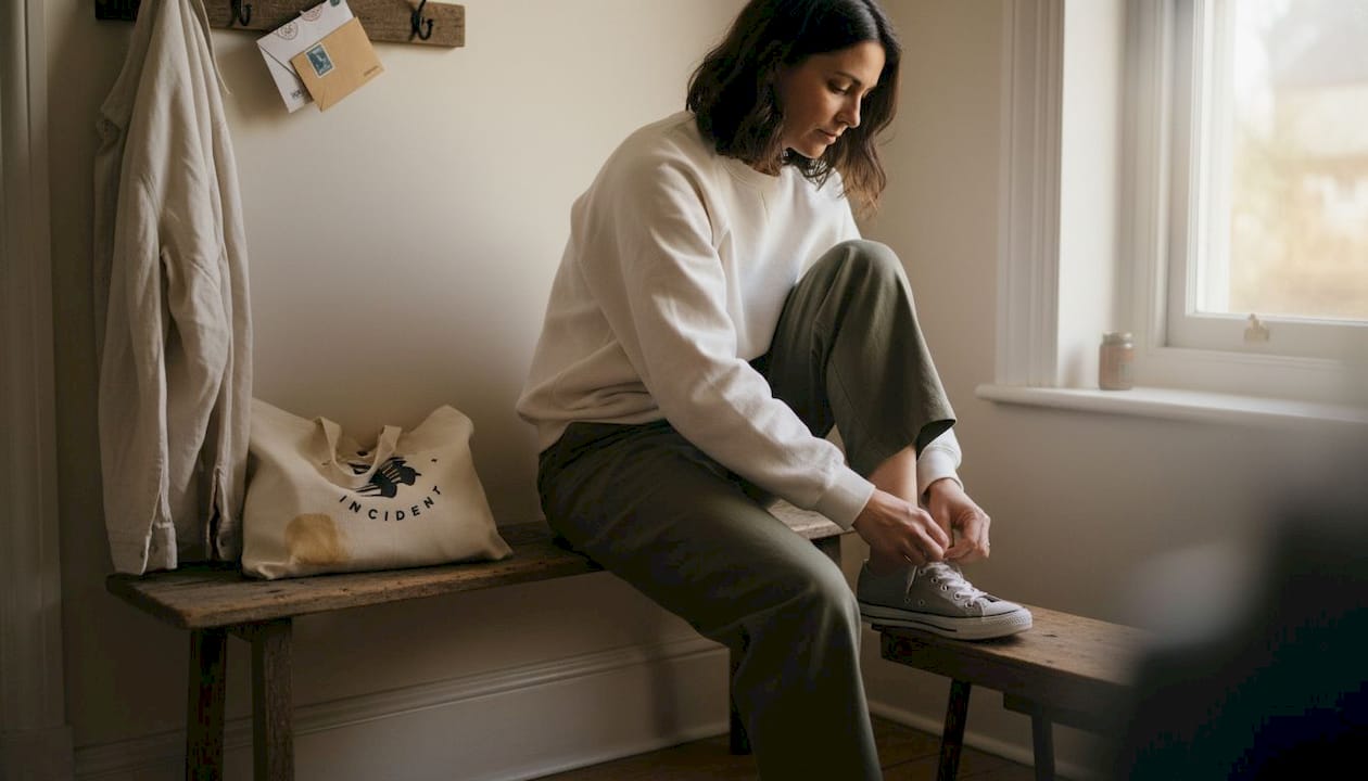 Woman dressed in neutral streetwear tying sneakers