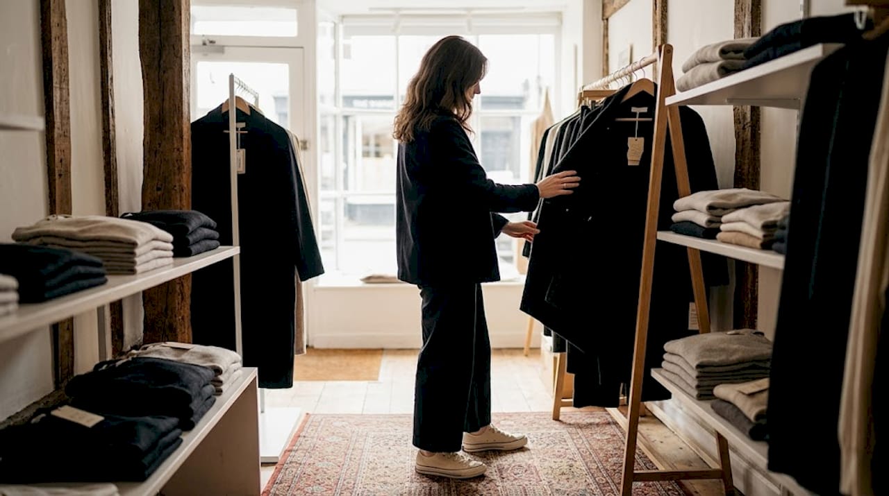 Browsing minimalist Japanese streetwear in boutique
