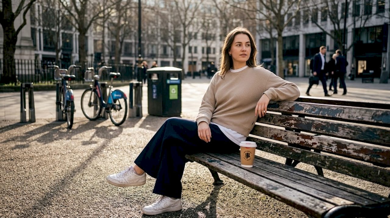 Women’s minimalist layered streetwear on city bench
