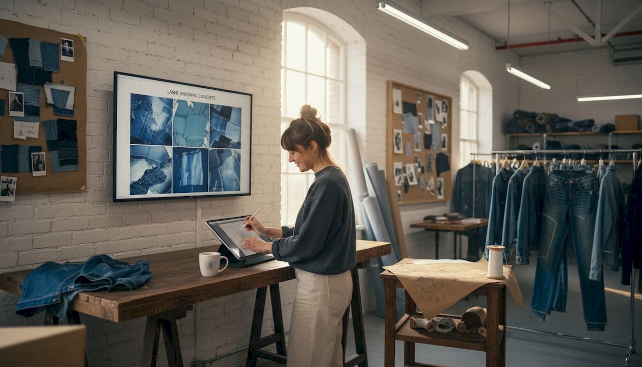 Designer sketches with AI denim concepts displayed