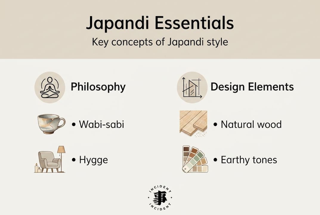 Infographic showing Japandi philosophy and design elements
