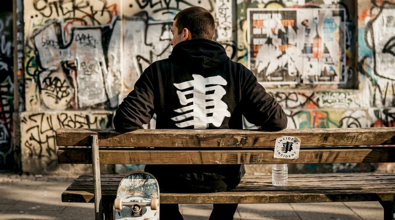 Person wearing calligraphy hoodie on bench