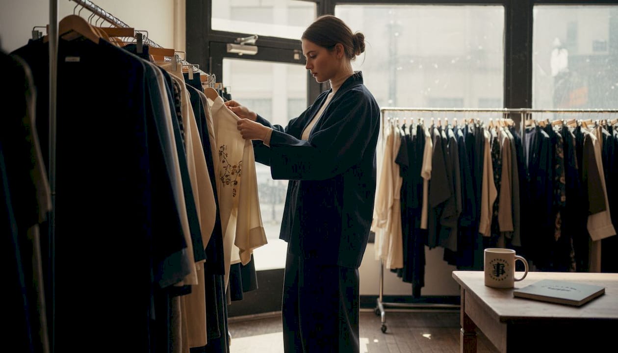Young European woman examining Japanese streetwear