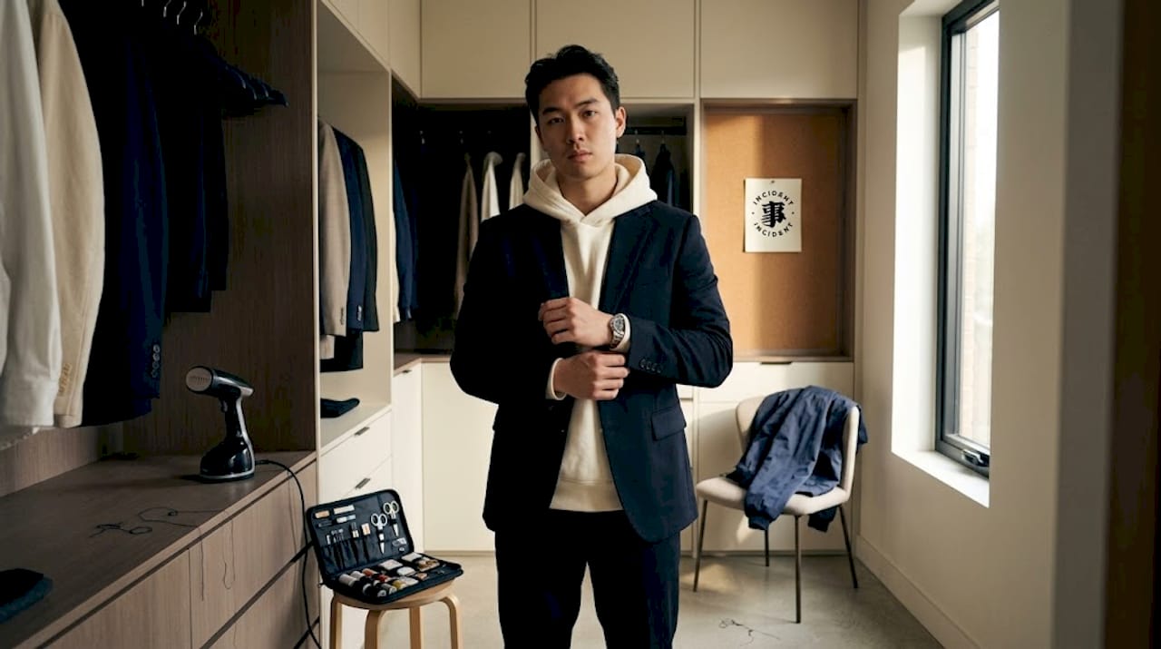 Urban man adjusts tailored streetwear blazer in closet
