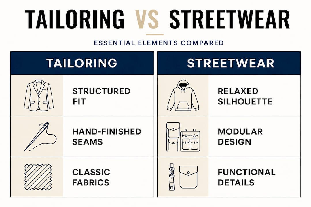 Infographic comparing tailoring and streetwear essentials