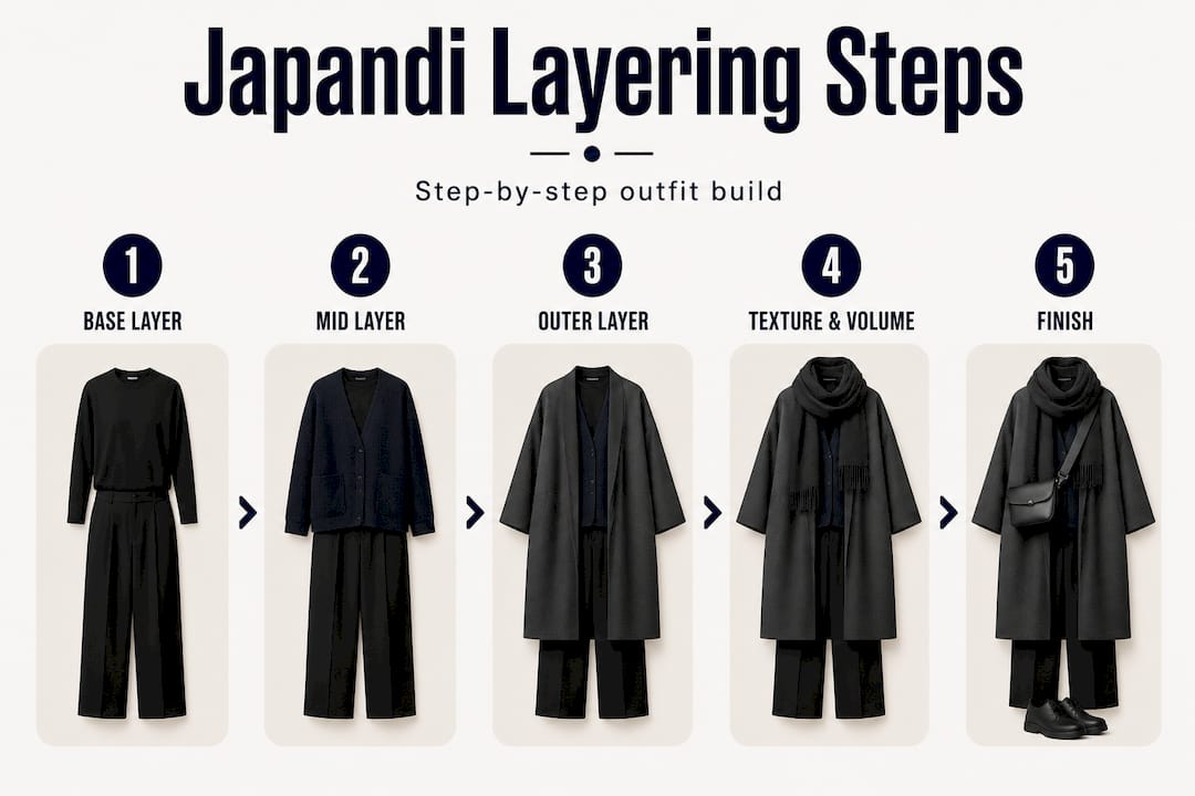 Infographic showing Japandi outfit layering steps