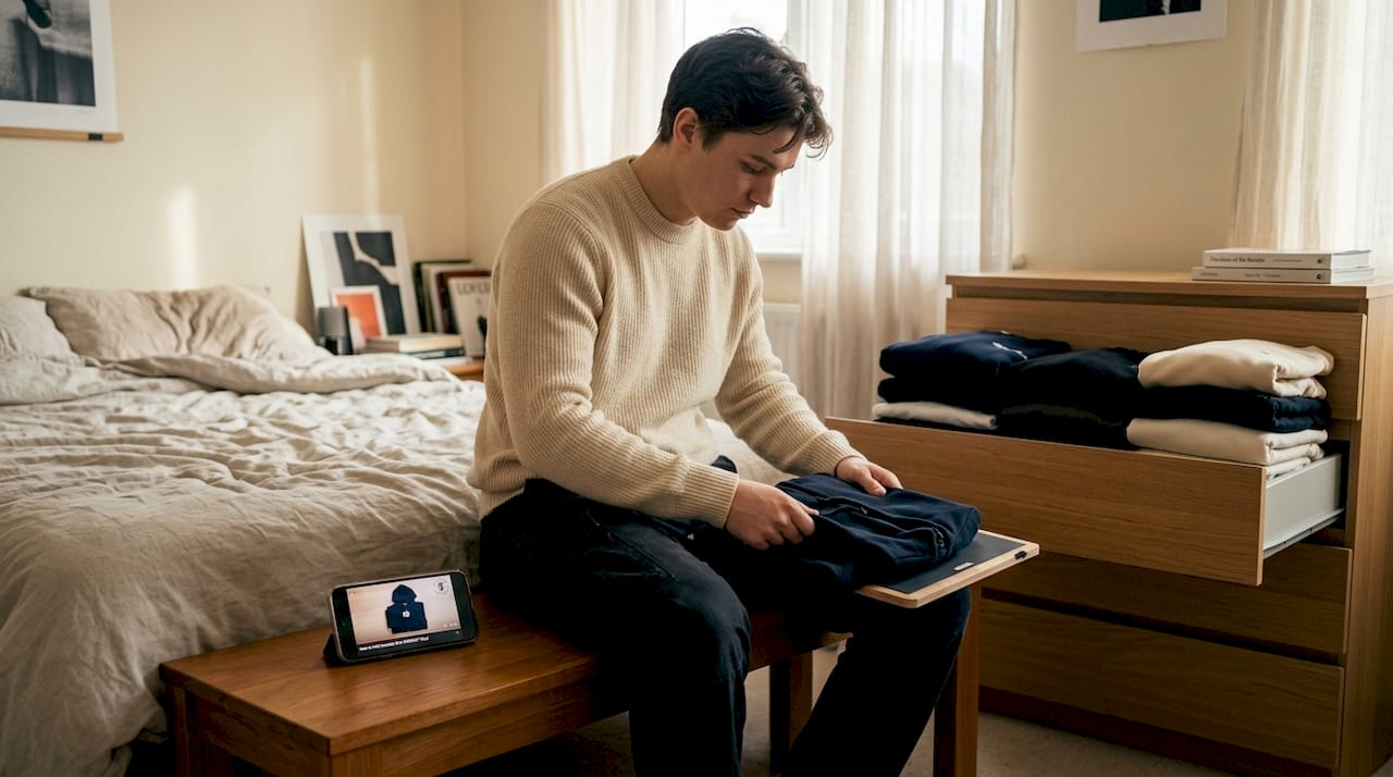 Person folding hoodie with neatly organized drawer