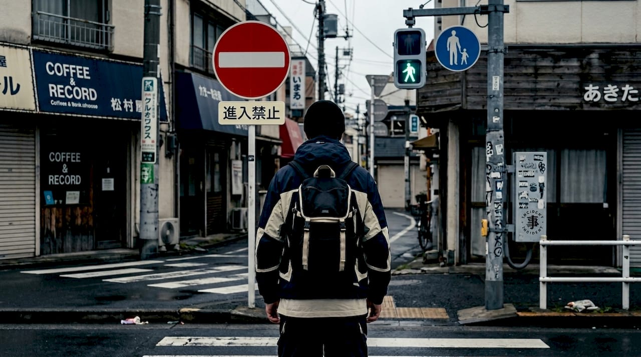 Tokyo street scene with traffic and pedestrian signs