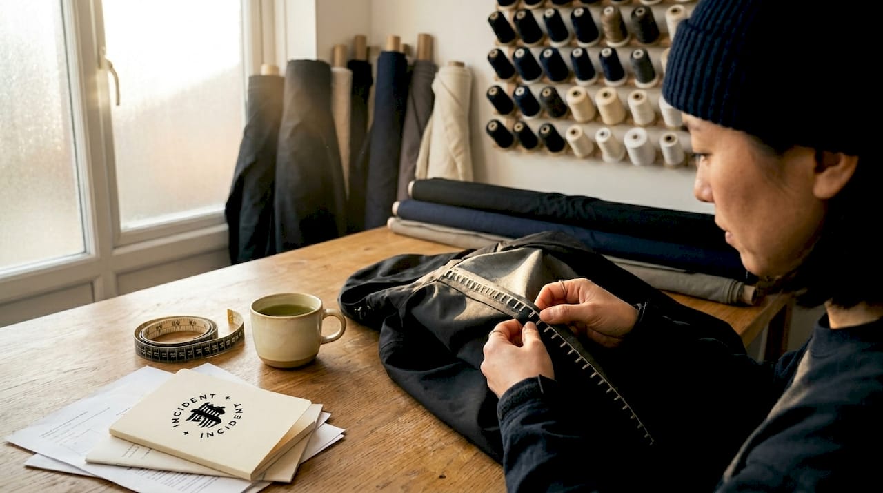 Designer examining streetwear seam reinforcement in studio