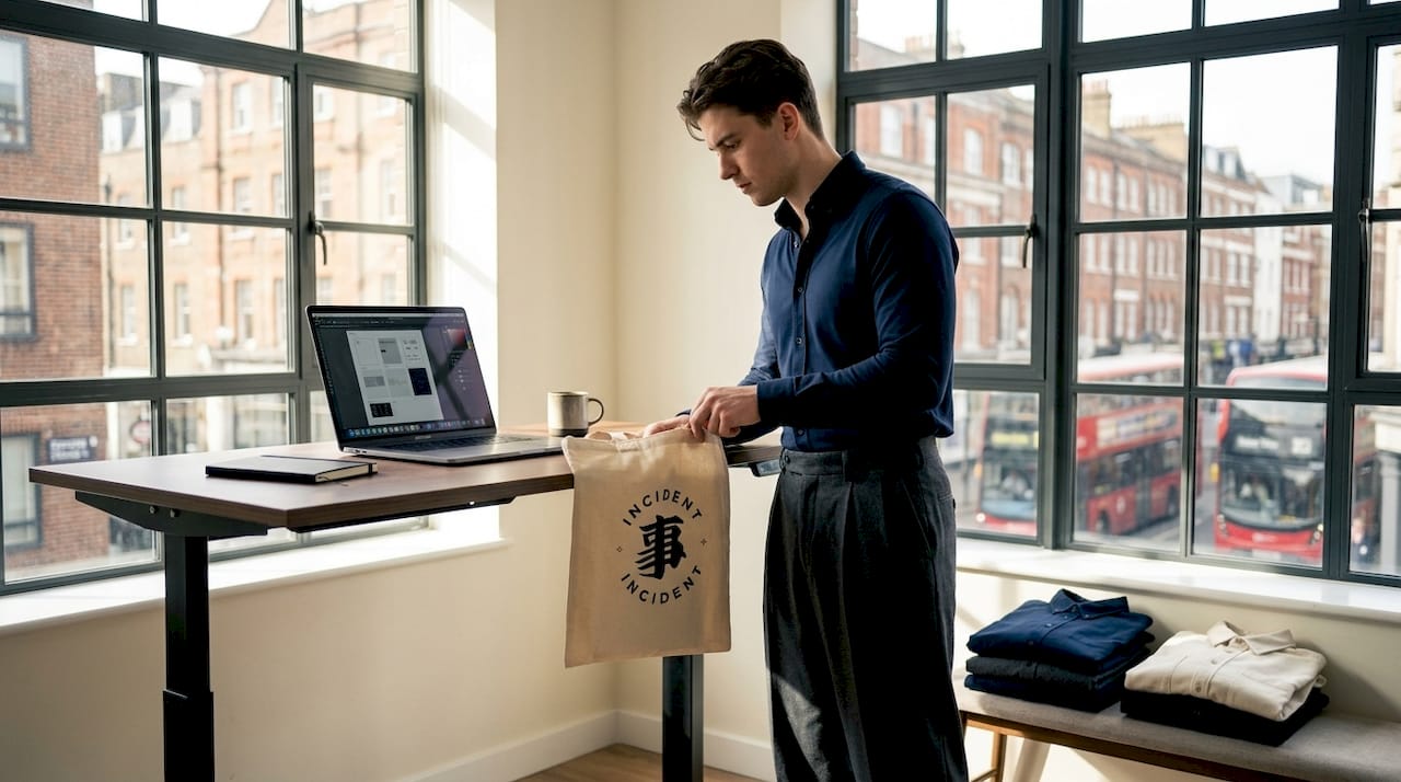 Professional wearing minimalist streetwear at office desk