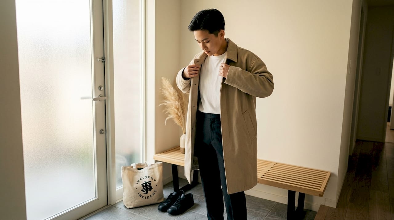 Natural Japanese minimalist streetwear outfit scene
