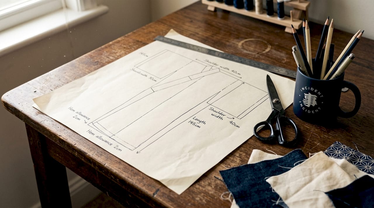 Yukata pattern drafting on wooden table in sunlight