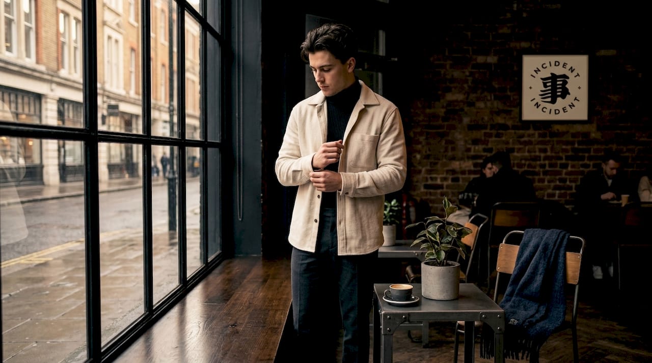 Person layering minimalist streetwear in sunlit apartment