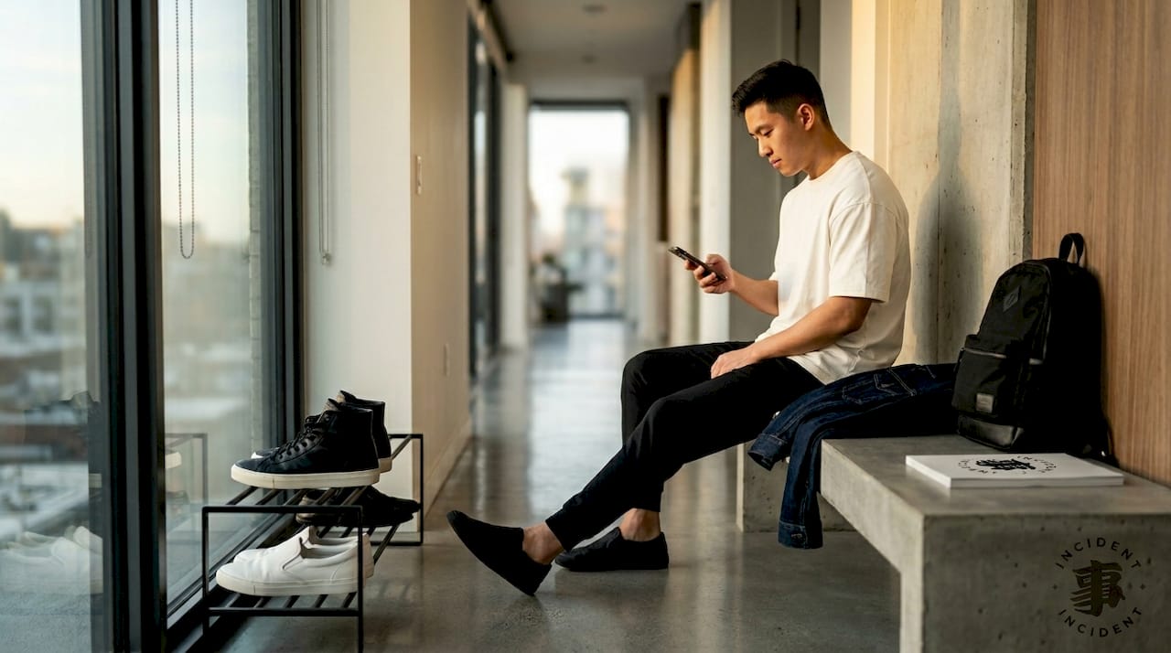 Minimalist streetwear scene in urban apartment