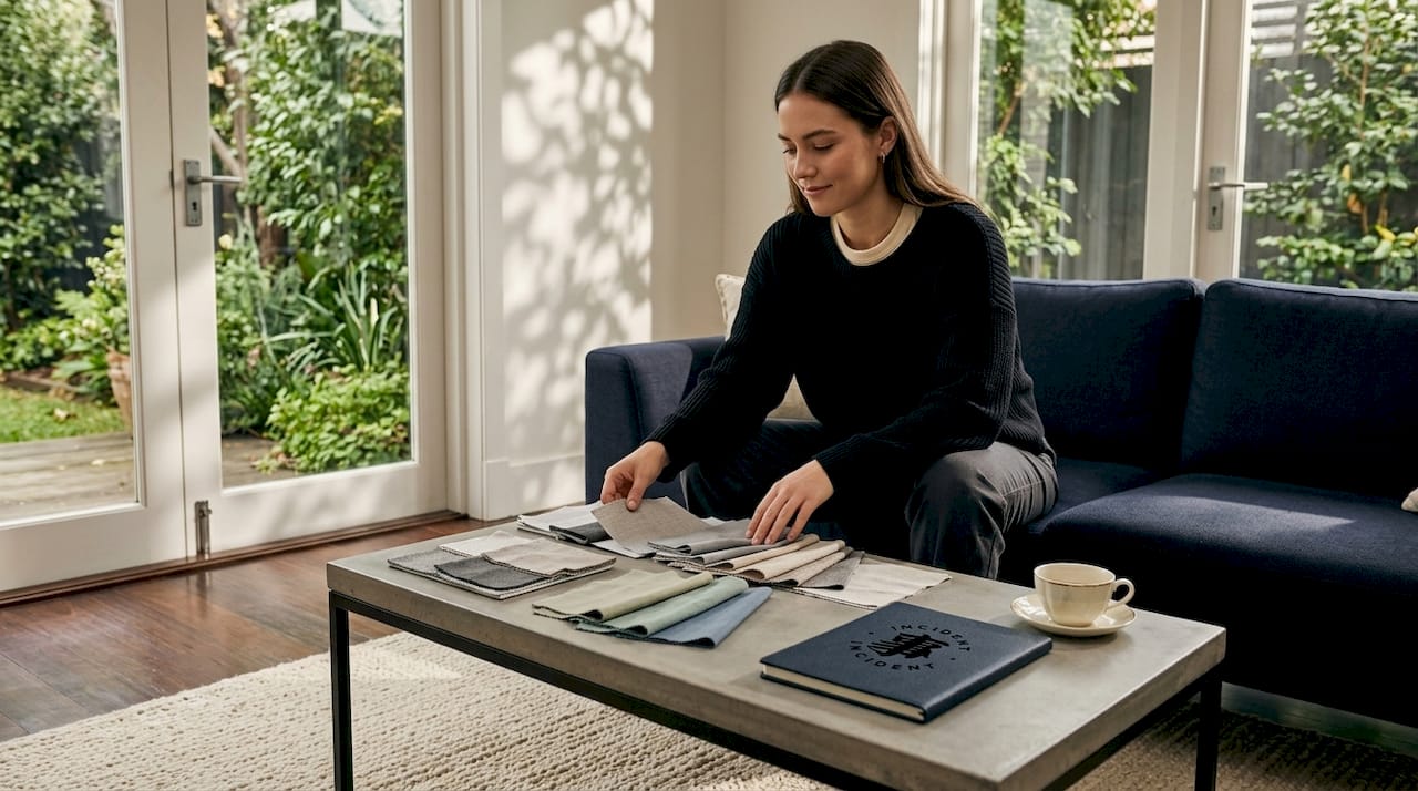 Woman organizing fabric swatches in minimalist room