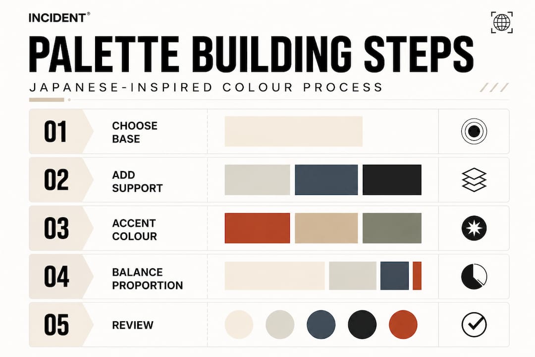 Infographic showing palette building steps for Japanese style