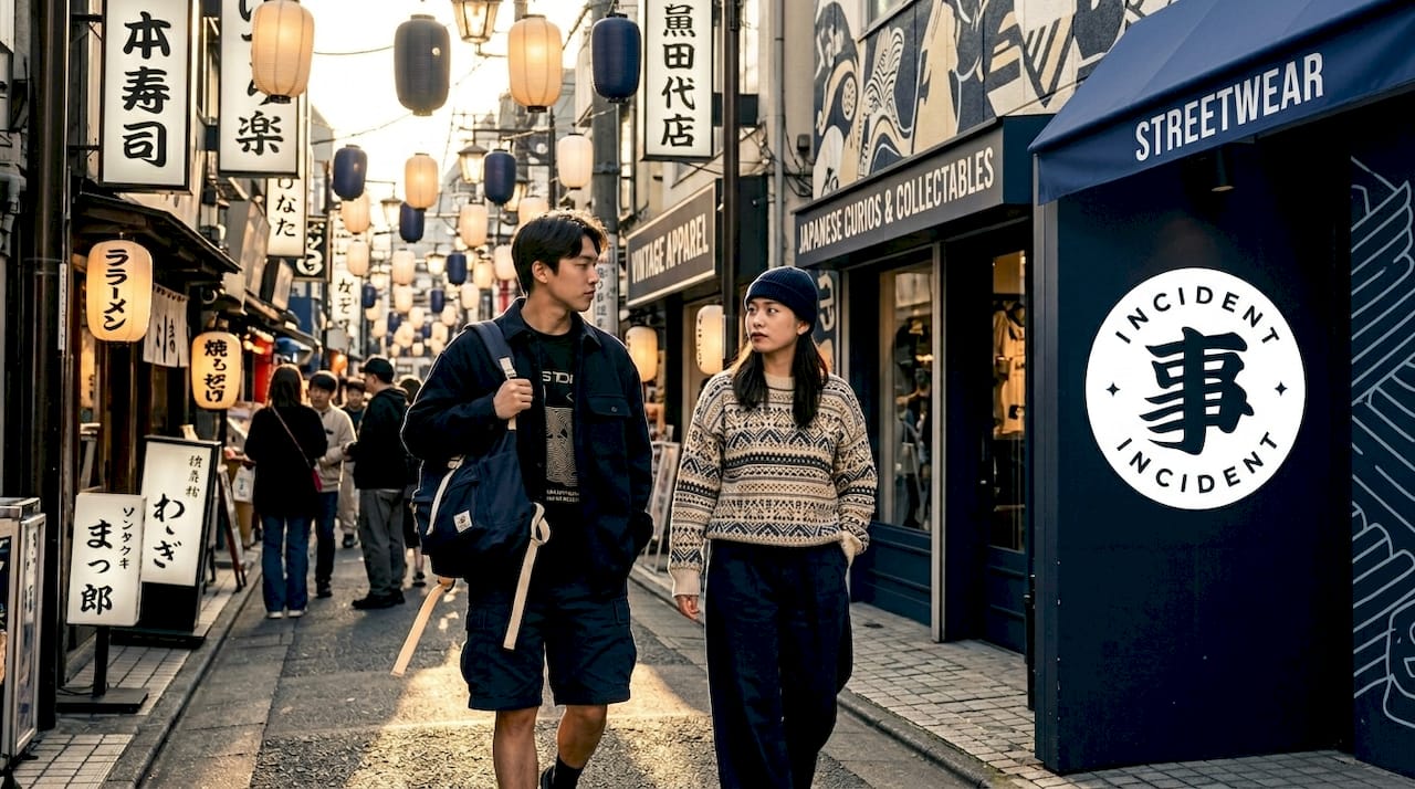Two people in mixed Japanese streetwear walking in Harajuku