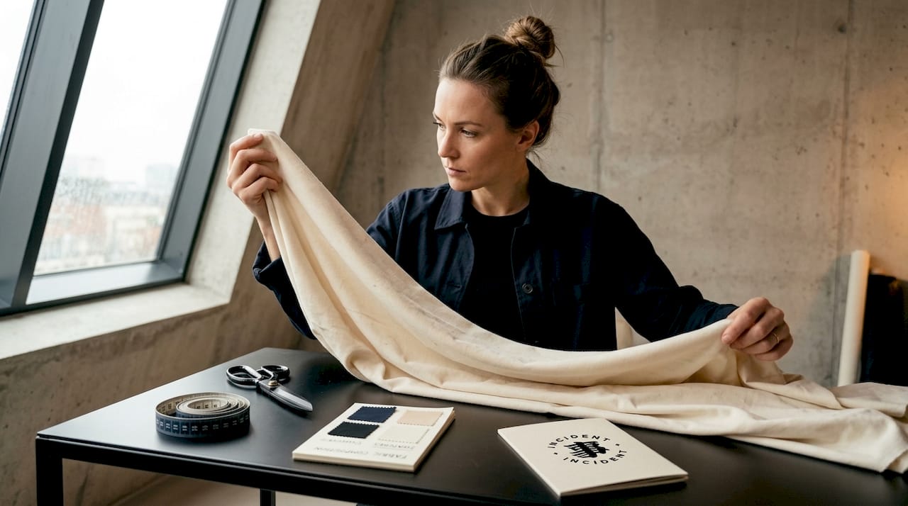 Woman inspecting premium cotton fabric in studio